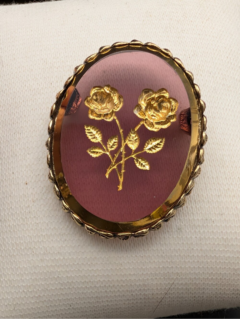 Vintage Whiting & Davis Carved Glass Rose Brooch Purple Amethyst Intaglio Pin UV